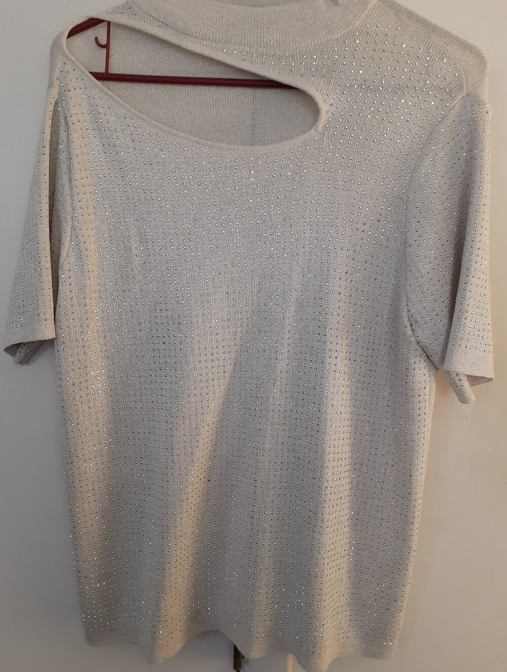 Light metallic silver Short-Sleeve Crewneck Sweater with Subtle Shine